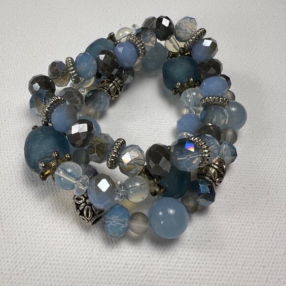 Handmade Beaded Bracelet Trio Ocean Blues Sea Glass Metals Multi Size Beads - Picture 2 of 6